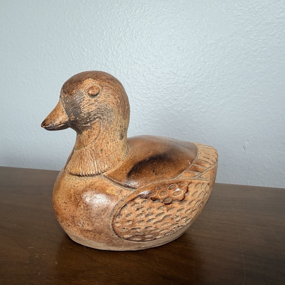 Vintage Painted Ceramic Pottery Duck Signed Rustic Folk Bird Decor